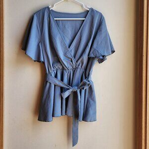 SHEIN Blue Wrap Around Tie-Front V-Neck Blouse Size XL